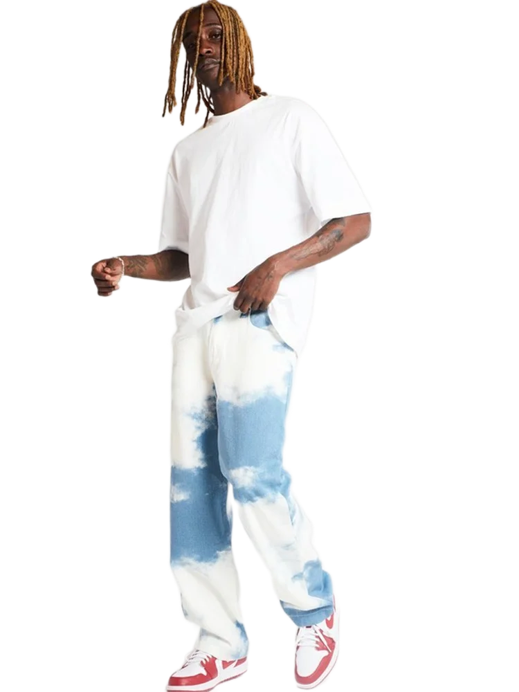Fashion Mens Loose Straight Jeans Men Denim Pant Tie Dye Blue Casual Long Trouser High Waist Hip Hop Relaxed Jean Wide Leg Pants