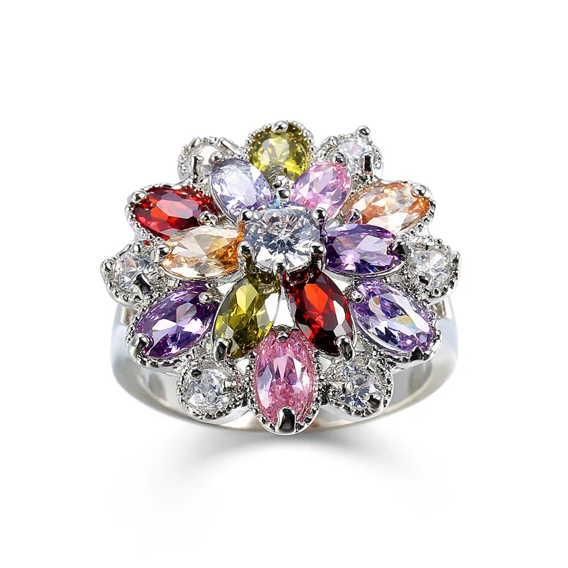 

New Women's Jewelry Silver Plated Hollow Out Color Flower Big Zircon Ring Suitable for Female Brides Wedding Ring Christmas Gift