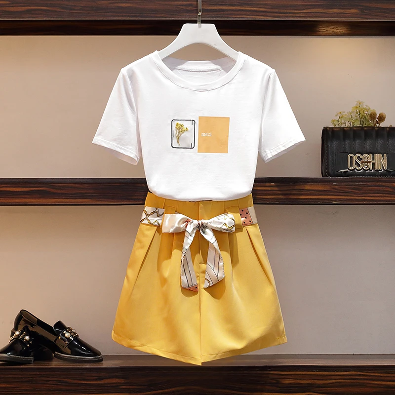 Летний женский костюм большого размера 5XL белый топ и брюки желтые широкие из