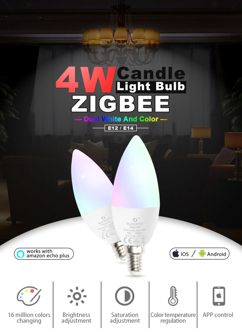 

New GLEDOPTO Zigbee RGB+CCT E12/E14 LED 4W Lamp Indoor Light AC100240V LED Chandelier Warm Cold White For Home Decoration
