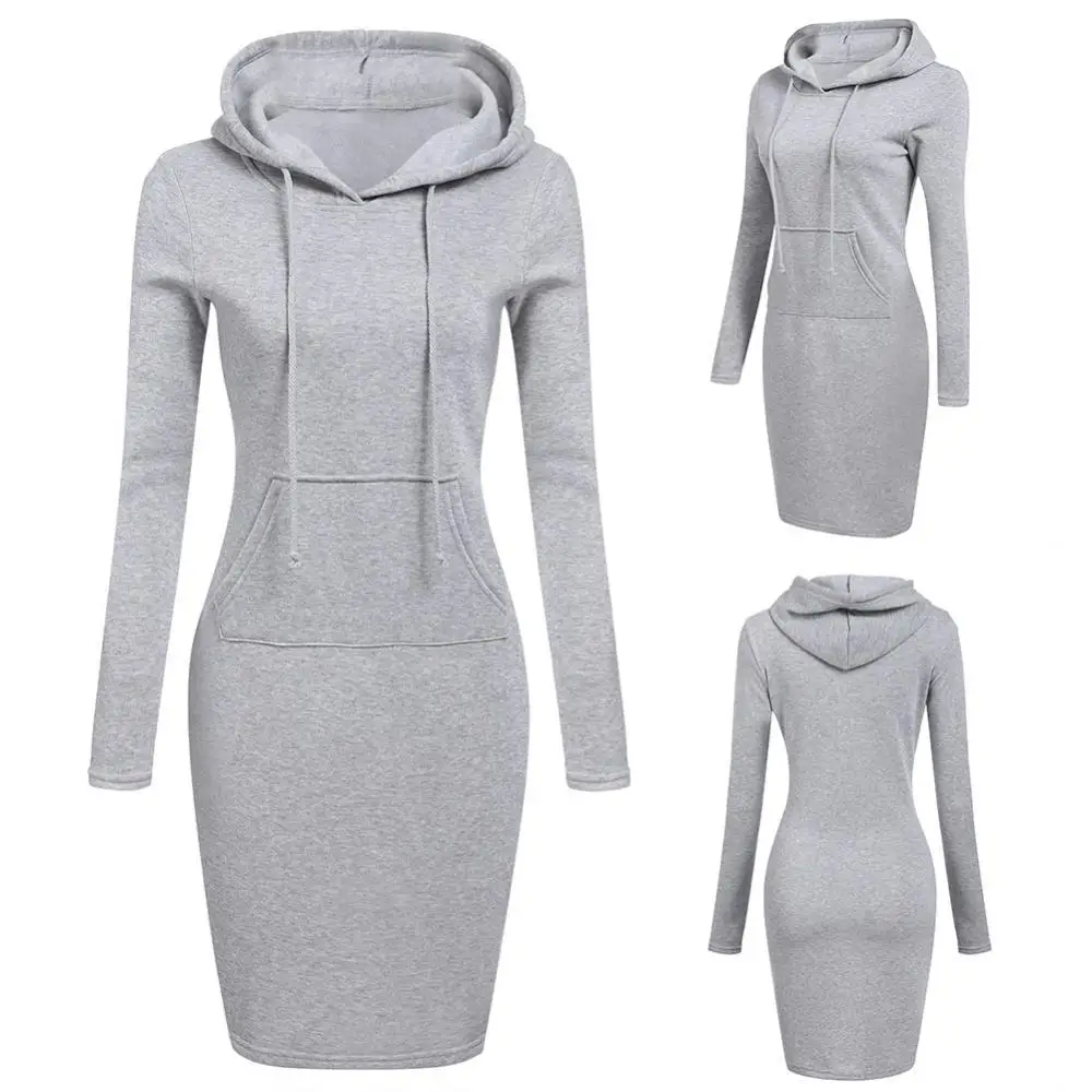 

Women Solid Color Winter Pullover Sweatshirt Autumn Long Hoodie Pocket Dress