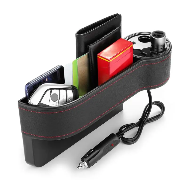 

P82B Car Seat PU Leather Side Pocket Car Seat Storage with 2 USB Chargers and 2 Light