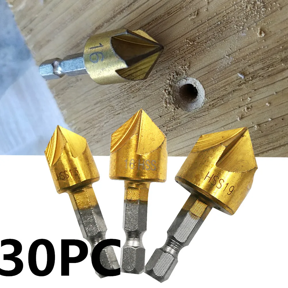 

Drill Bit Woodworking Tools 3/30PC 5 Flute Chamfer Countersink 1/4" Hex Shank HSS 90-degree Chamfering Cutter 12/16/19mm
