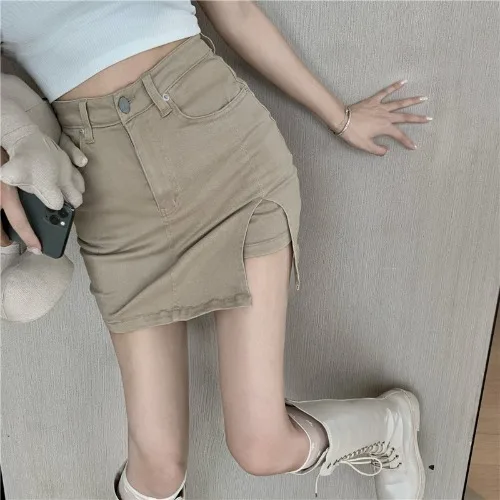 

Women High Waist Slit Sheath Denim Skirt Summer Student New Casual Skirt Retro A- Line Short Skirt Korean Style Elastic Skirt