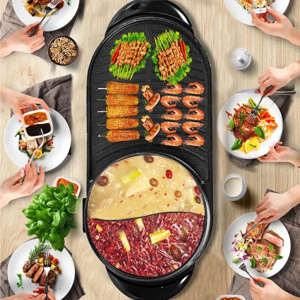 Электрический горячий горшок 2 в 1 духовка Бездымная машина для барбекю домашние