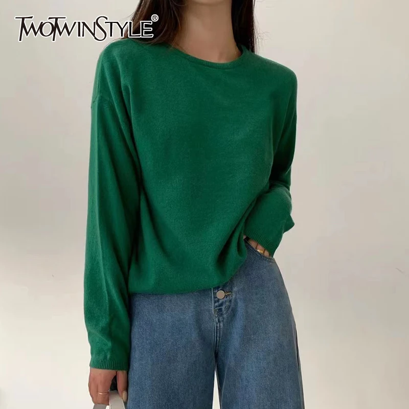 

Женский вязаный свитер TWOTWINSTYLE, осенний, черный, Повседневный свитер с круглым вырезом и длинными рукавами, 2021