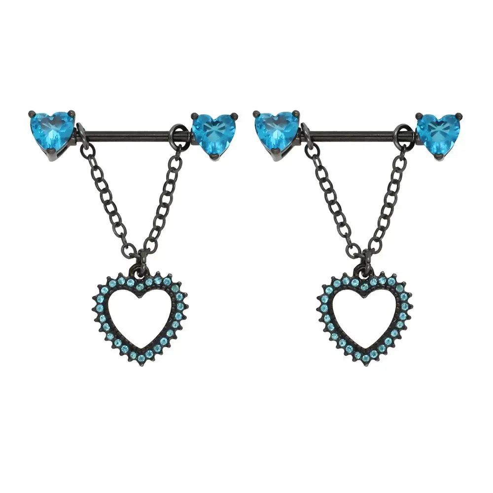 

JHJT 2PCS Heart Chain Dangle Nipple Barbell 14G 316L Stainless Steel Black Bar Nipple Shied Rings Body Piercing Jewelry