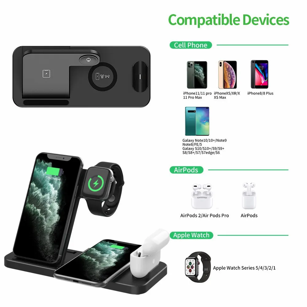 

Wireless Chargers Dock Station 4 in 1 Qi 15W Fast Charging Holder For Apple iWatch Airpods2 For Samsung iPhone 11 Foldable Stand