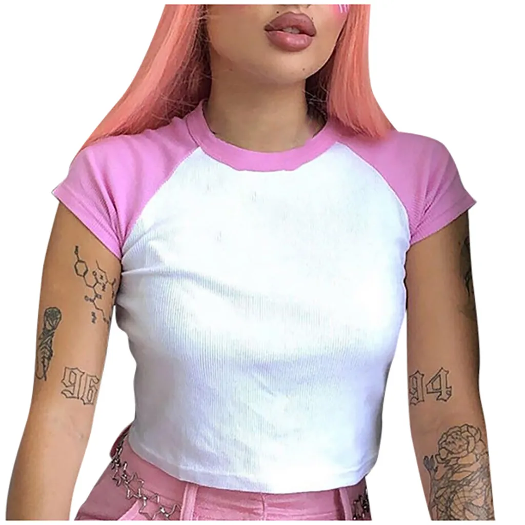 Sexy T Shirt Women Casual O-Neck Short Sleeve Slim Patchwork Basic T-shirt Ladies Streetwear Top Tees Tshirt Harajuku #71 | Женская