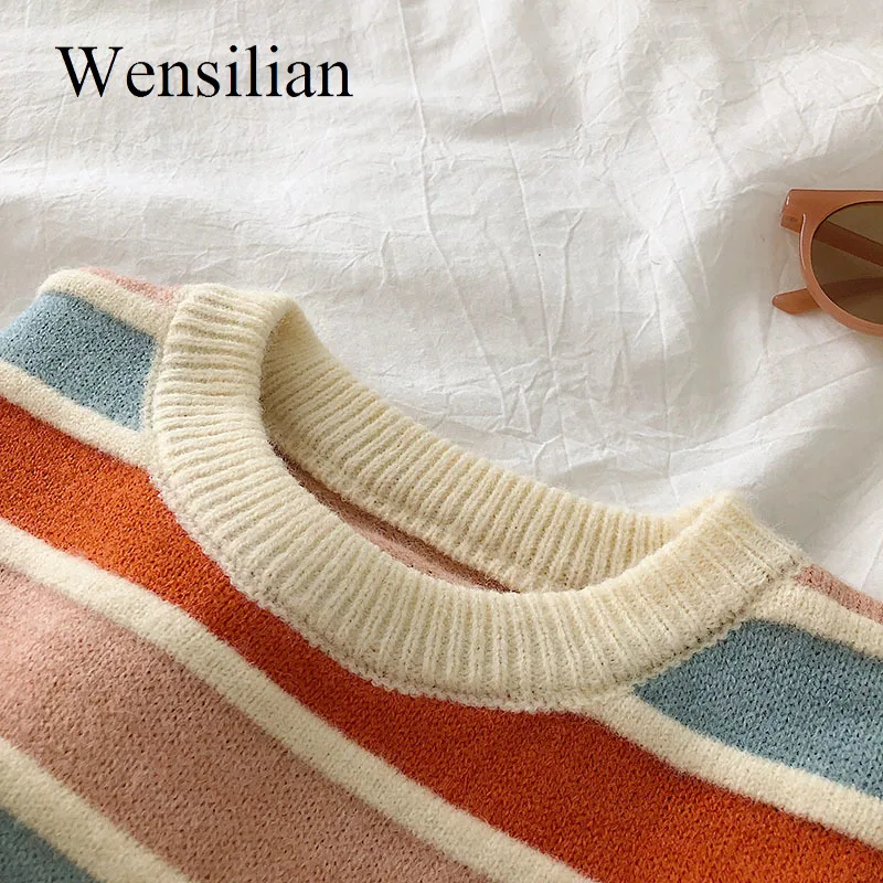 

Women Stripe Sweater Autumn Winter Loose Long Sleeve Pullover Tops Korean Ladies Knitted Patchwork Jumper Girls Rainbow Sweaters