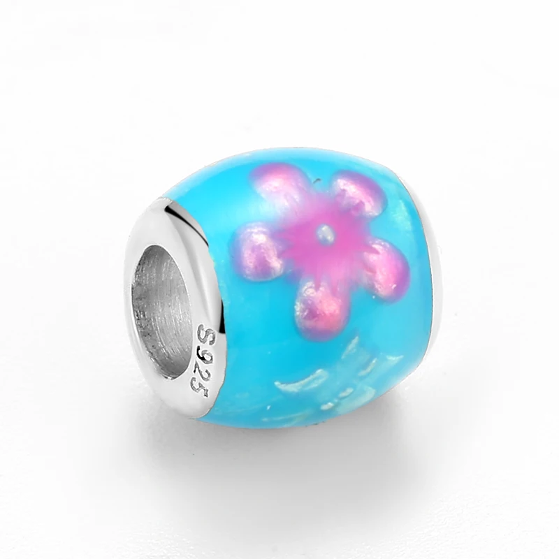 New 925 sterling silver Misty pink flowers Fit Original europeu Bracelet blue Enamel Charms Beads fine Jewelry Making for women | Украшения
