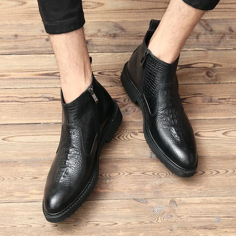 Зимние теплые мужские ботинки челси из натуральной кожи с флисовой подкладкой