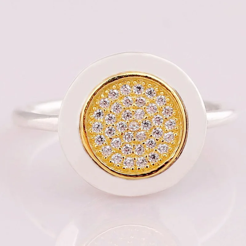 

100% 925 Sterling Silver Pan Ring Shiny Round Gold With Crystal Ring For Women Wedding Party Gift Fashion Jewelry