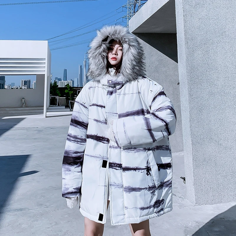 

Unua amo 2021 Winter Coat Women Warm Fur Collar Hooded Parka Hip-hop Splash-ink Graffiti Design Couple Wear Puffer Jacket Female