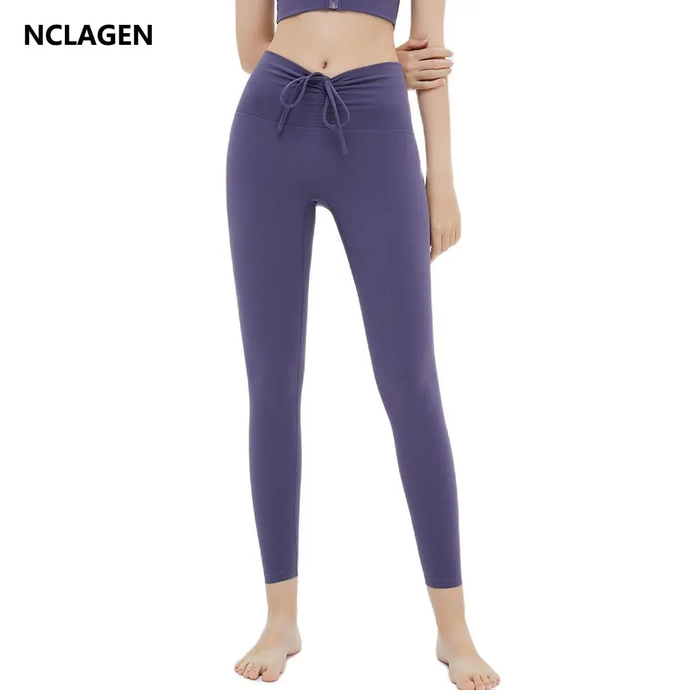 

NCLAGEN женские спортивные штаны с высокой талией на шнуровке леггинсы для фитнеса обнаженные бедра для подтяжки тренировок в тренажерном зале эластичные штаны для йоги