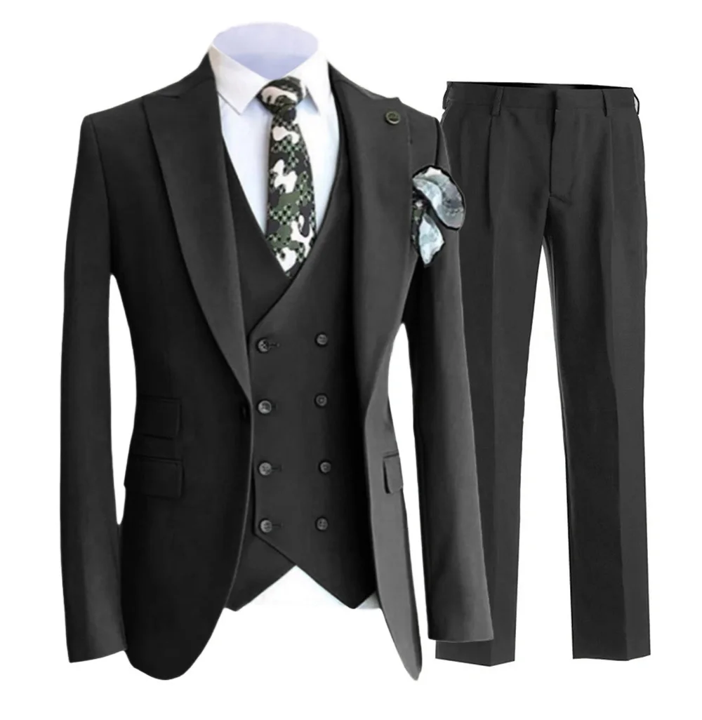 

SOLOVEDRESS Men's Suit Black Slim Double-breasted Lapel Business Meeting Wedding Groom Customization (blazer + vest + pants)