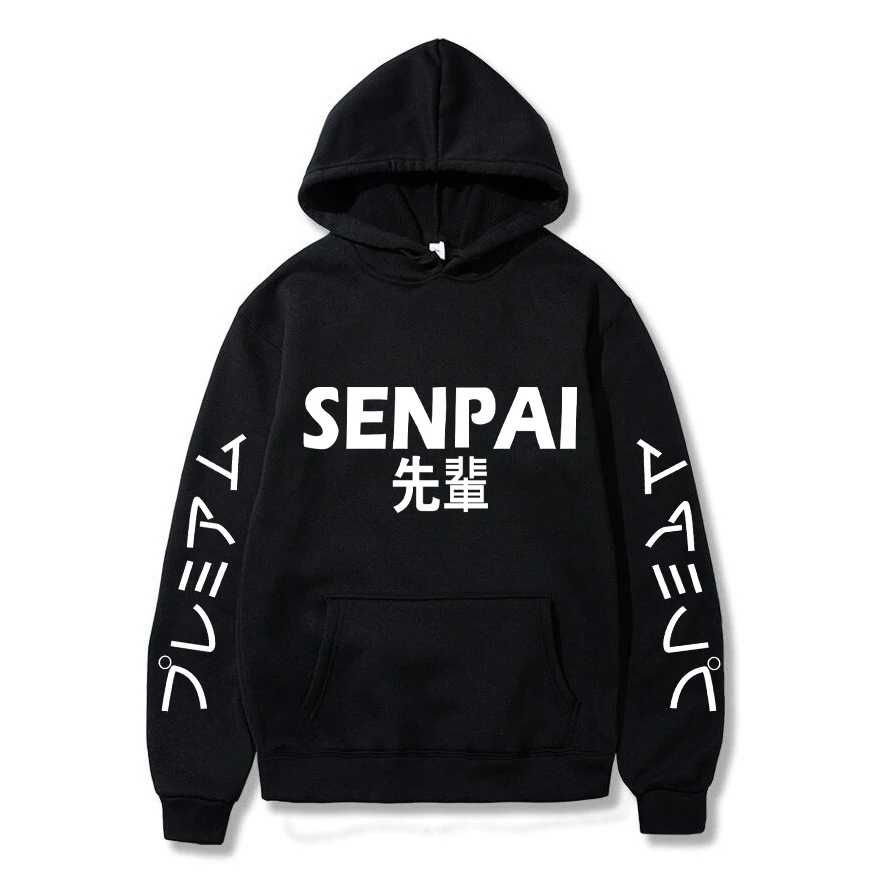 

New Winter Anime Senpai Design Print Fleece Men's Hoodies Sweatshirts Men Women Streetwear Funny Black Hoody Man Winter Clothes