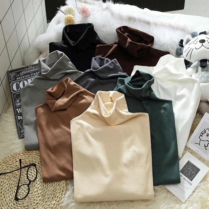

Autumn Winter Solid Color High Collar Long Sleeve Bottoming Shirt Women Tight Stretch