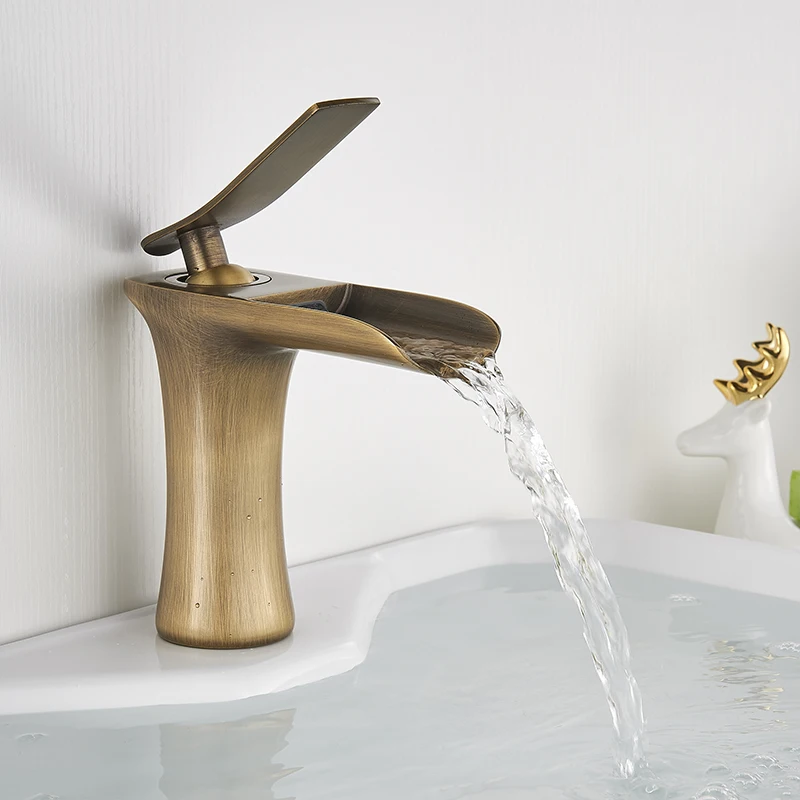 Смеситель для раковины Suguword с водопадом в ванной комнате, античной латунью, на пьедестале, для горячей и холодной воды, короткий и высокий тип.