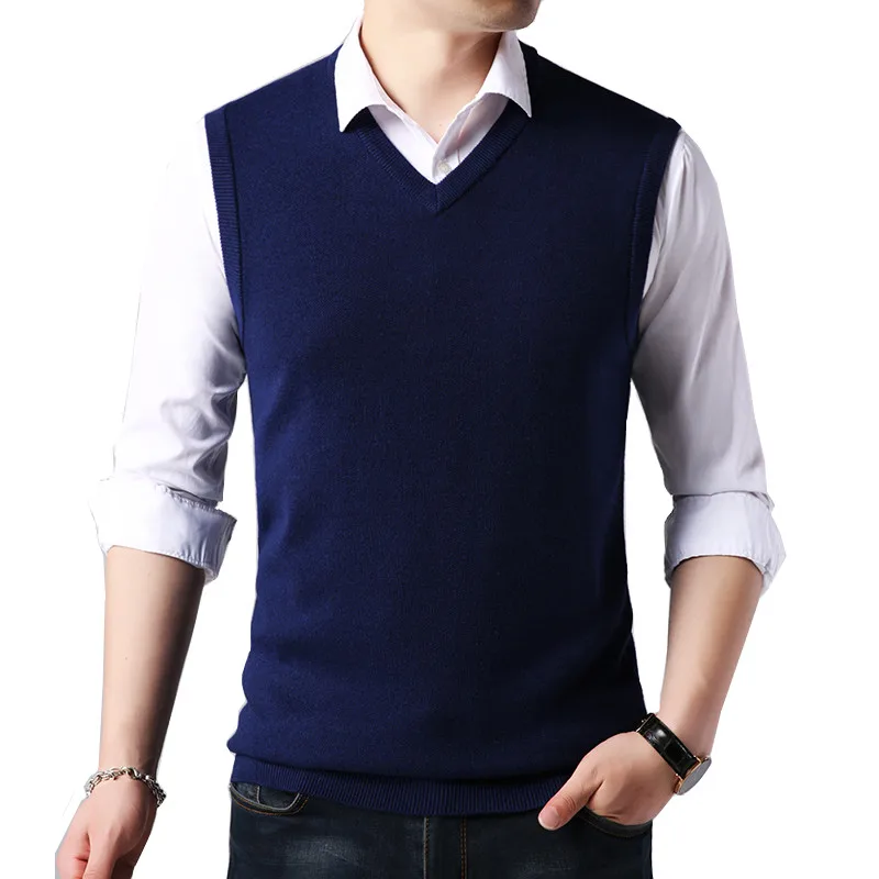 Жилет мужской вязаный с V образным вырезом Модный плотный однотонный шерстяной