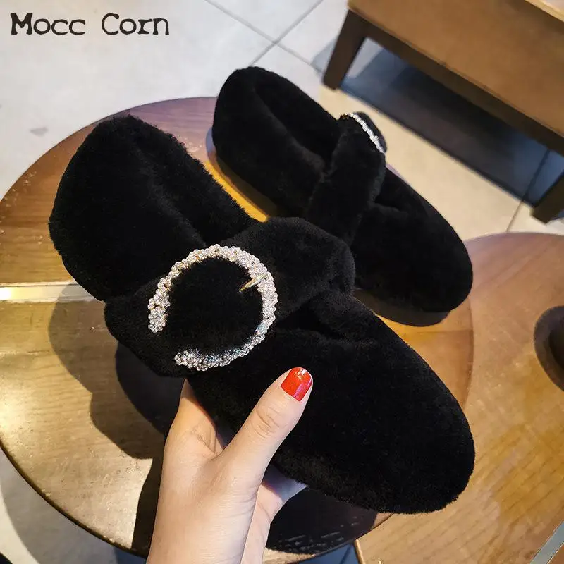 Балетки женские с кристаллами плюшевые плоская подошва меховые теплые без