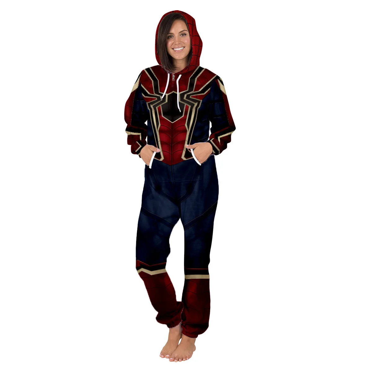 Autumn Winter Women Hooded Jumpsuit Spider Hero Digital Printing Long Sleeve Casual Loose Fleece Romper