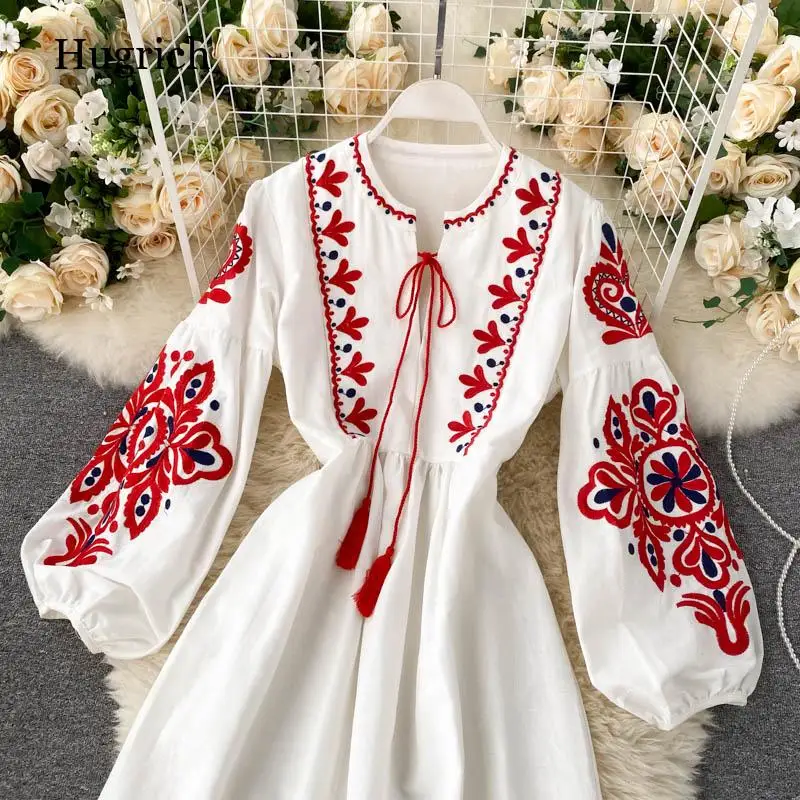 

Women Autumn Dresses Bohemian Embroidered Flower O-Neck Lantern Sleeve High Waist Pleated Dress All-Match Female
