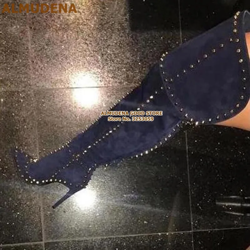 ALMUDENA Silver Studded Over Knee Long Boots Sexy Stiletto Heels Pointed Toe Thigh Metallic Punk Rivets Tall Size47 | Обувь