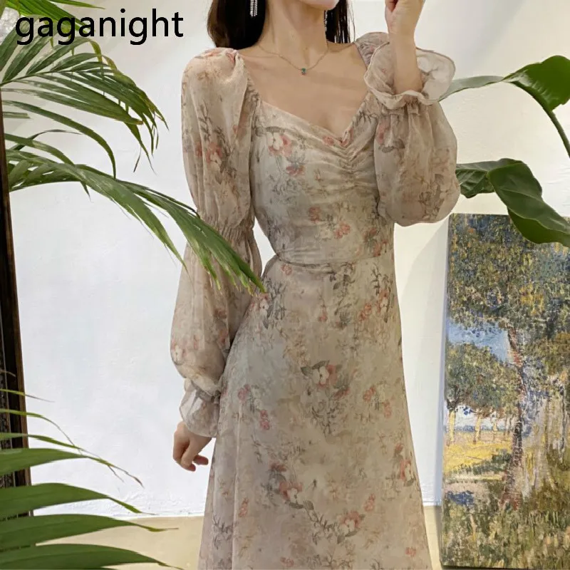 Женское шифоновое платье макси Gaganight элегантное облегающее с длинным рукавом и v