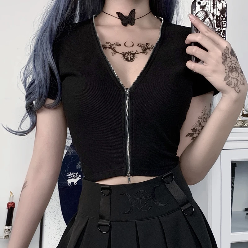 

Gothic Punk T-shirt Women Short Sleeve Double Zipper V-neck Slim Top Tees Summer Fashion Dark Black Streetwear Sexy Tshirt Femme