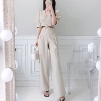 womens two parts set korean style buffing mango bluse high belt pants summer clothes 2021