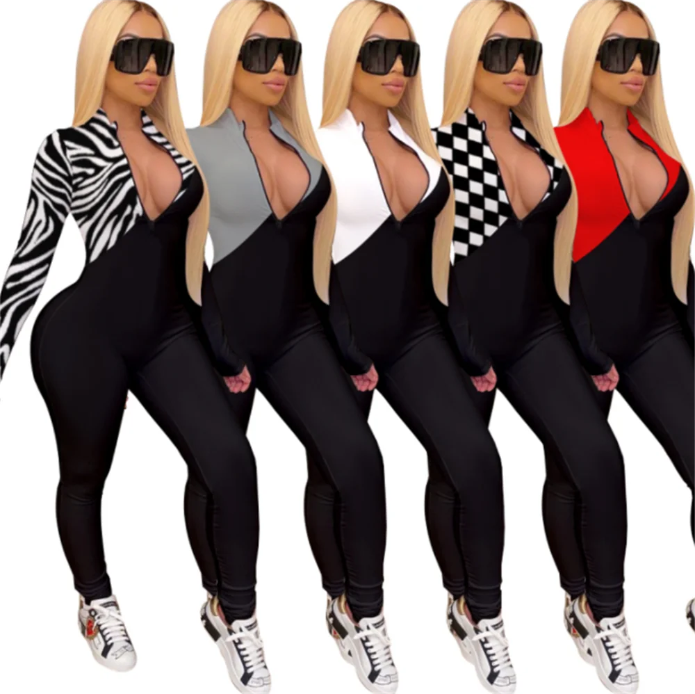 

Стильный женский спортивный костюм для йоги, цветной лоскутный комбинезон с длинным рукавом и молнией спереди, облегающий цельный комбинез...