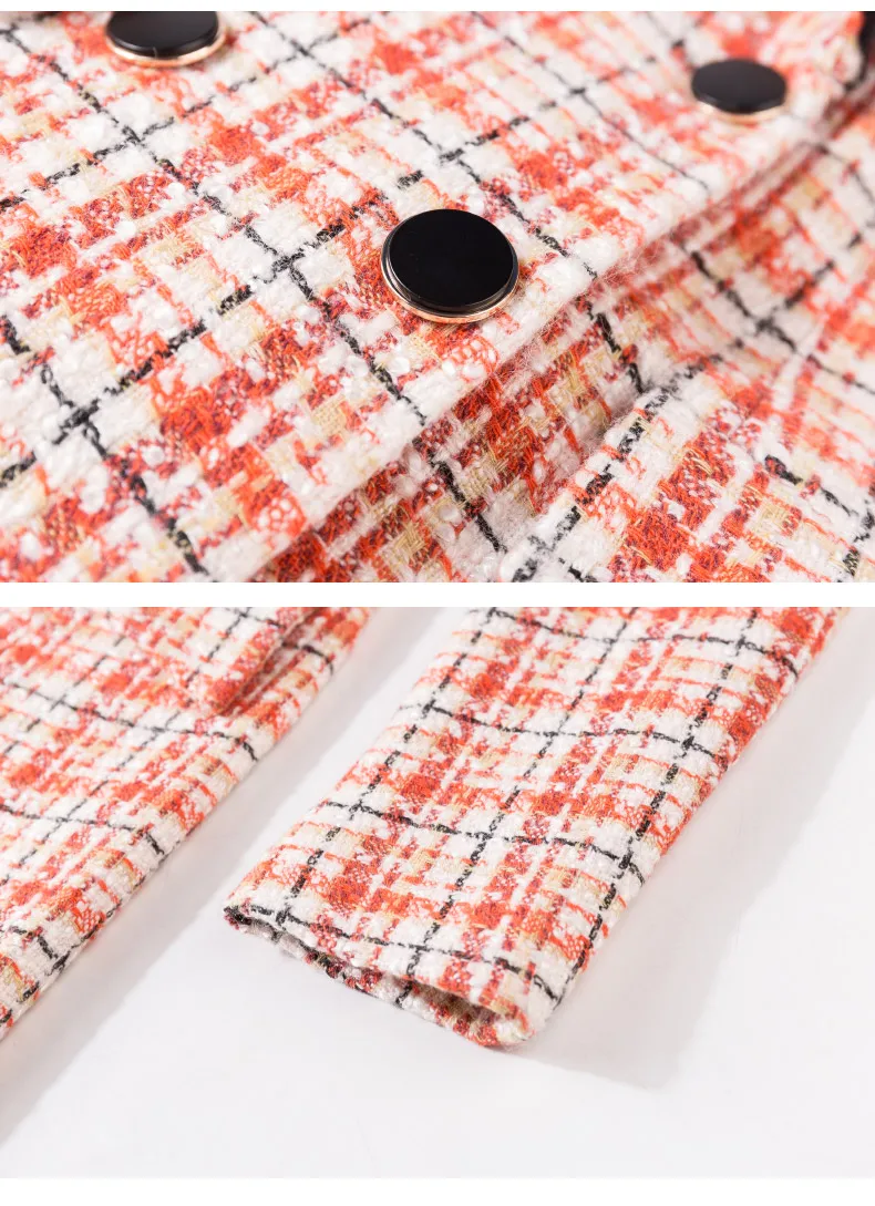 

2021 Spring Long Orange Plaid Woolen Coat Double Breasted Temperament Winter Thicken Outwear
