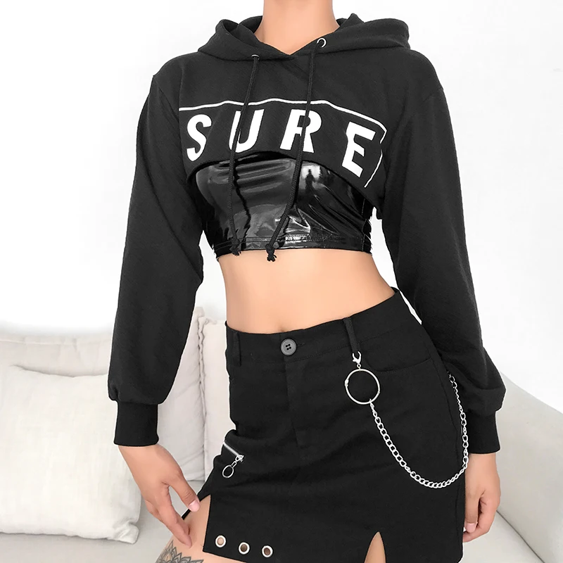 HEYounGIRL Casual Harajuku Crop Top Hoodie Long Sleeve Black Hoodies Sweatshirt Women Printed Loose Streetwear Pullover Autumn