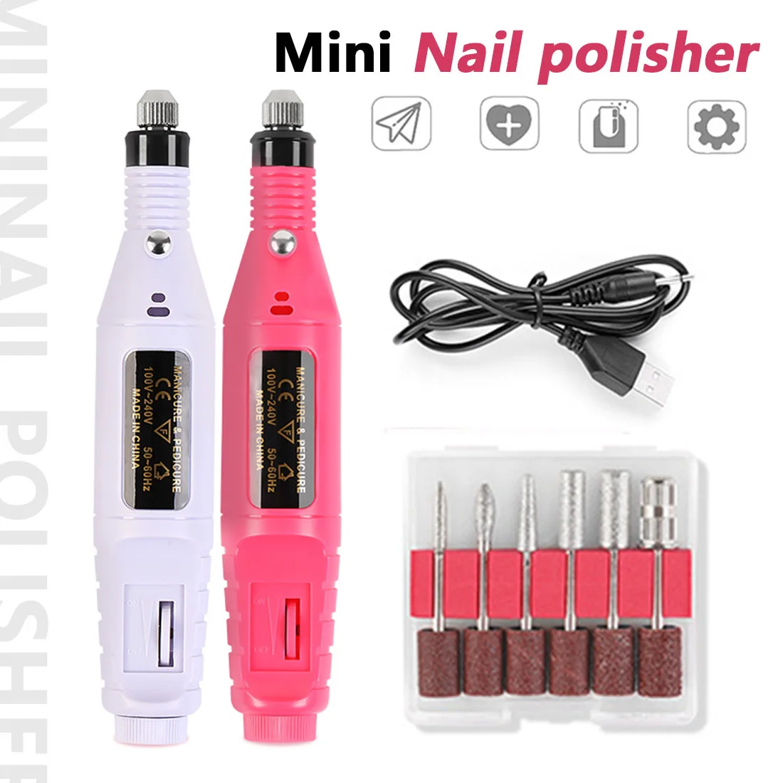 

Professional Electric Nail Drill Machine Nail Files Pen Pedicure USB Nail Art Polish UV Gel Polish Remover 6 heads Manicure Tool