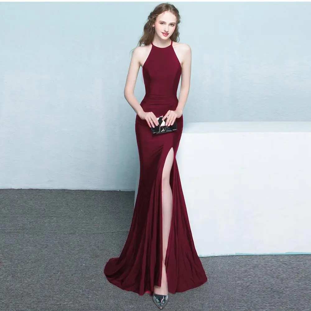 

High Slit Long Sleeveless O-Neck DongCMY Evening Dress White Red Navy Blue Wine Red Blue Party Formal Dress