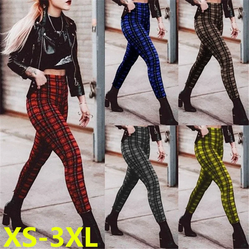 

Women Plaid Pants Leggings Kalenmos Autumn Stretch Sexy Hips Long Trouser Elastic Pants High Waist Club Large Size Dropshipping