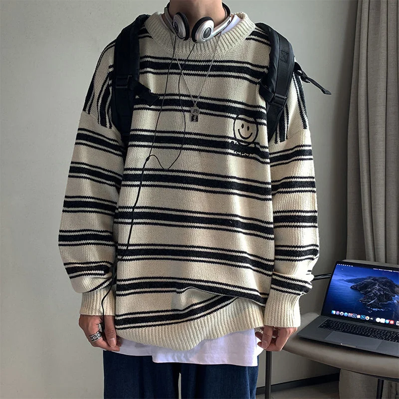 

Neploha 2021 Модный Полосатый вышитый Свободный Мужской свитер Удобный Повседневный мужской свитер винтажные нейтральные пуловеры с круглым вы...