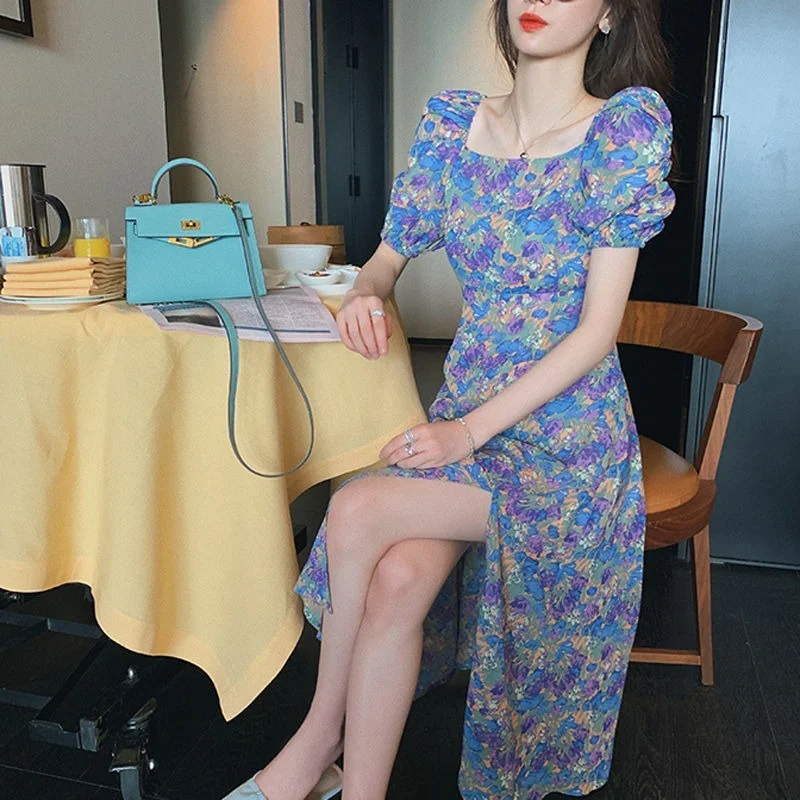 

GOOHOJIO 2021 summer New Floral v-neck puff sleeves dress women temperament dress ladies Vacation beach High waist women dress