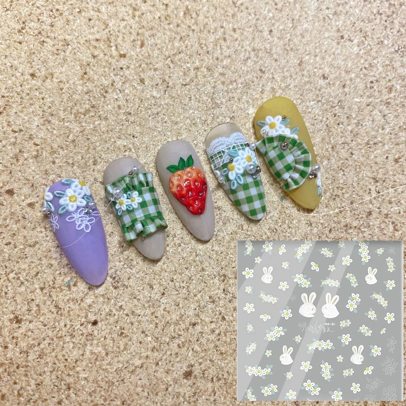 

1 Sheet Japanese Style Designer Nail Sticker Cute White Rabbit Flower Embossed Nail Decals DIY Self-adhesive Nails Decoraciones