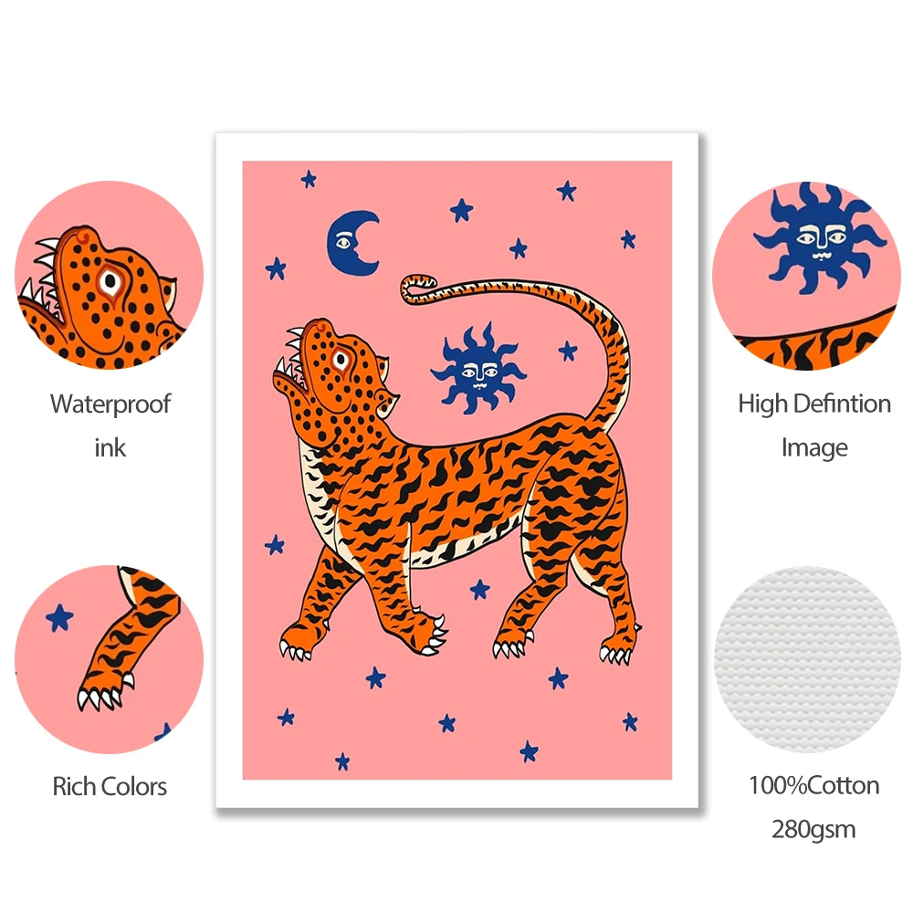 Тигровая мама мультфильм Животные Холст Плакаты розовый синий желтый Дикий Тигр