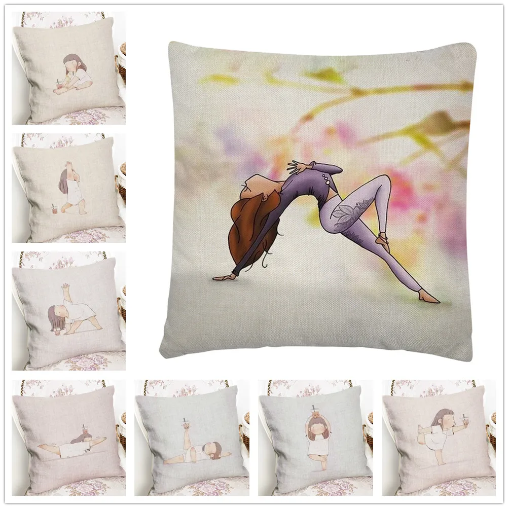 Yoga Girl Cute Cartoon Pattern Linen Cushion Cover Pillowcase Home Sofa Car Decoration Pillowcase 45X45 Cm