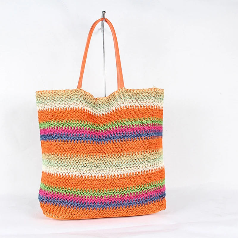 

Богемные соломенные сумки для женщин, цветные полосатые вместительные пляжные сумки, летняя женская трикотажная дорожная сумка ручной раб...