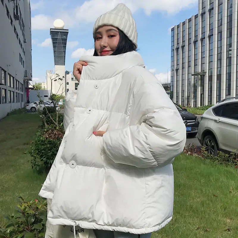 Autumn and Winter New Korean Version Plus Velvet Thick Warm Jacket Loose Simple Long-sleeved Solid Color All-match Down Jacket