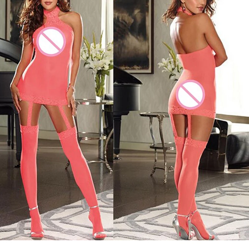Women Lingerie Suit Lace Sleeveless Backless Solid Halter Dress+G-String+Stocking 3Pcs Outfits Sets Underwear Clothing | Тематическая