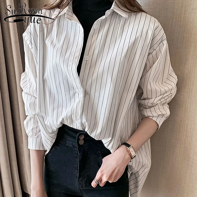 

Blusas mujer de moda 2021 кнопка женские топы в полоску с отложным воротником, женские рубашки с длинным рукавом в Корейском стиле, одежда размера плюс ...