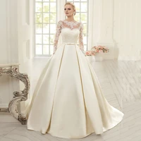 satin wedding dress with pockets o neck long sleeve arabic lace bridal gown robe de mariee vestido de noiva brautkleider vintage
