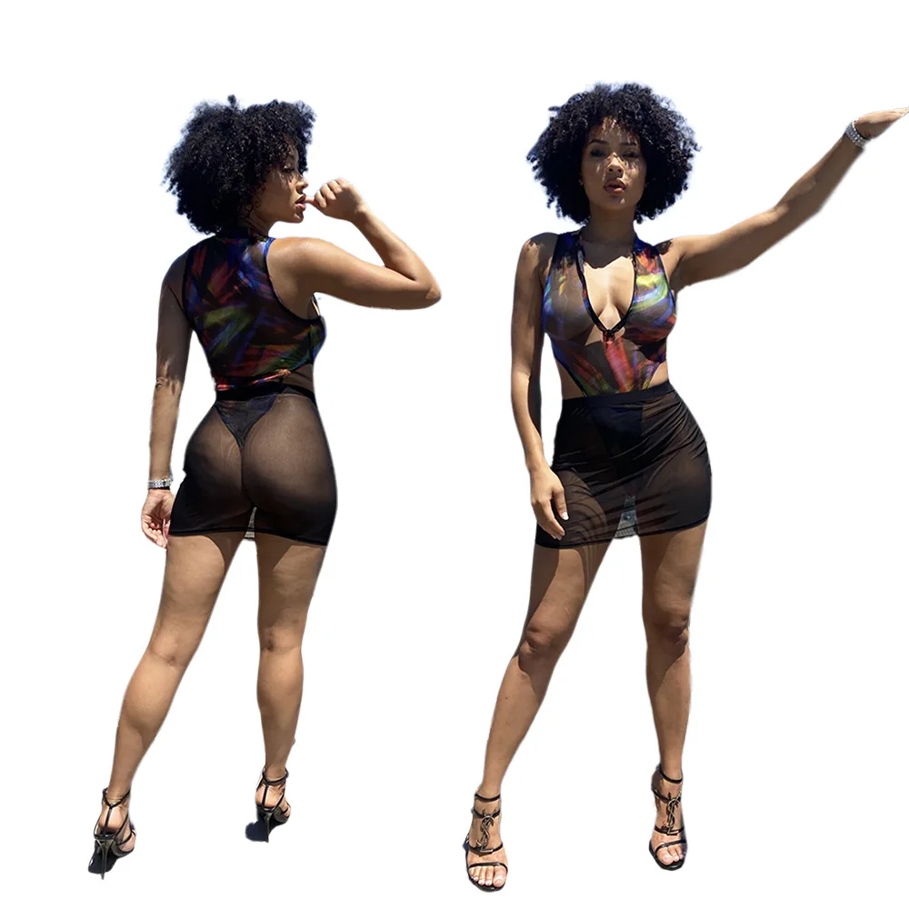

2021 Summer Women's Nightclub Fashion Sexy Mesh Printed Zipper Two-Piece Suit