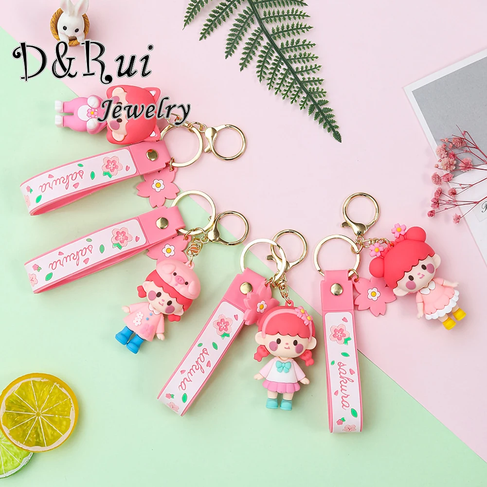 

PVC Pink Cherry Keychain Blossom Girl Cute Girl Exquisite Backpack Pendant Key Ring Jewelry Cartoon Car KeyChains New 2022 Gifts