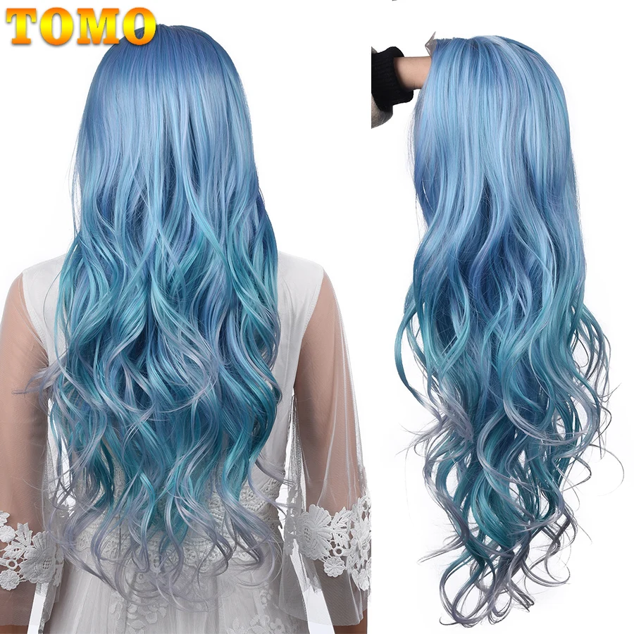 

TOMO Long Hair Wavy Synthetic Hair Ombre Blonde Wigs For Black and White Women High Density Glueless Cosplay Party Daily Wigs